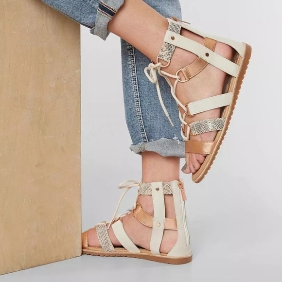 Sorel Ella Gladiator Lace-up Neutral Rose Gold Snakeskin Embossed Strappy Sandal